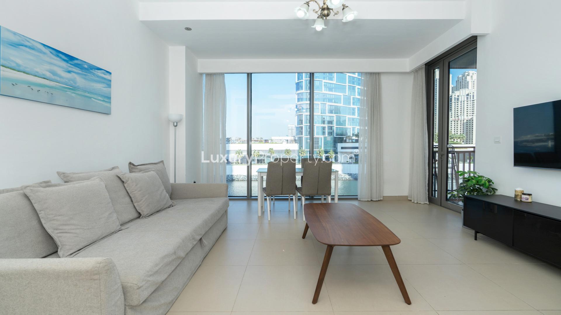 Modern living room with sea view in fully furnished Dubai Marina apartment for rent