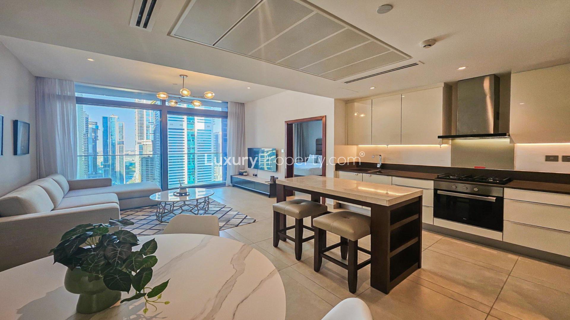Modern open-plan living area in Marina Gate 2 apartment, Dubai Marina, for rent