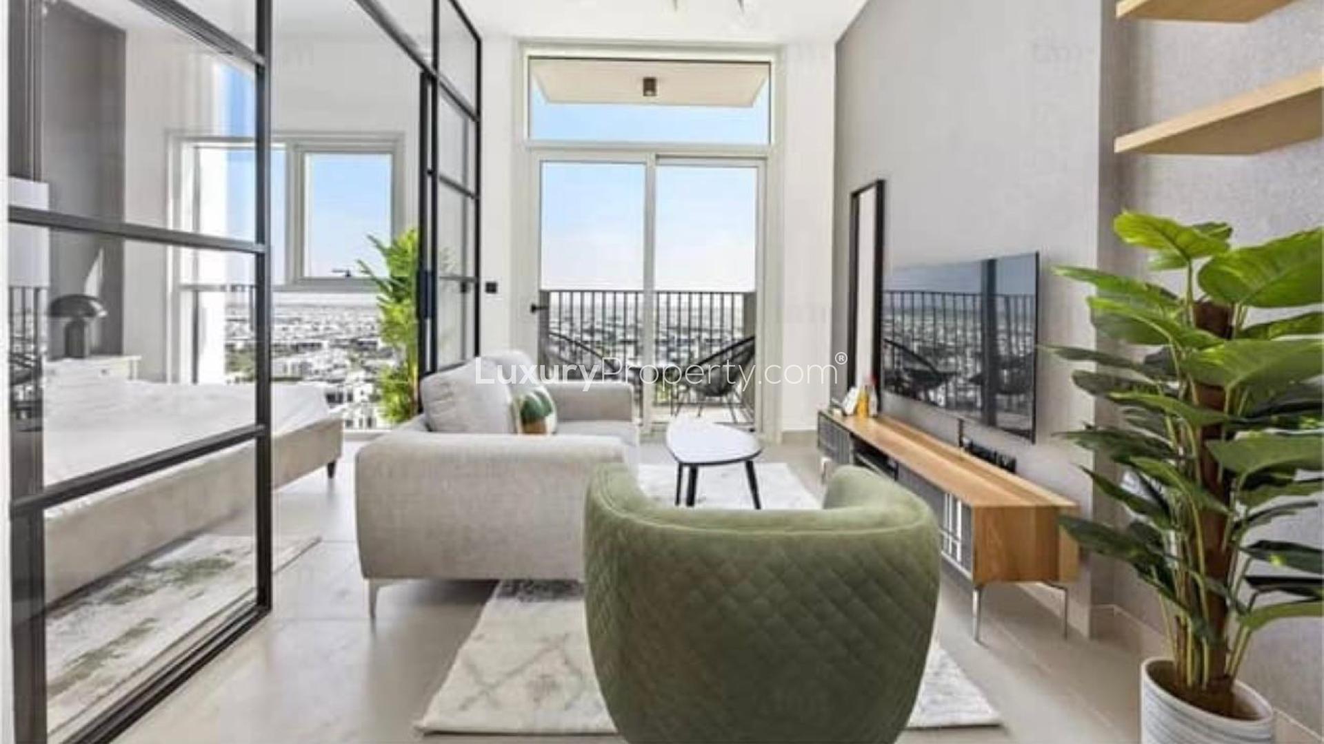 Modern bedroom interior in Dubai Hill Estate apartment with city view