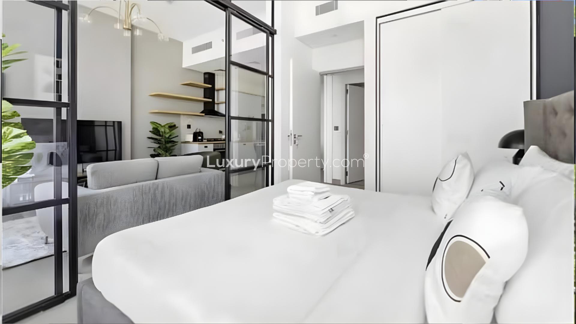 Fully furnished living area in 1-bedroom apartment, Collective Tower 1, Dubai Hills Estate