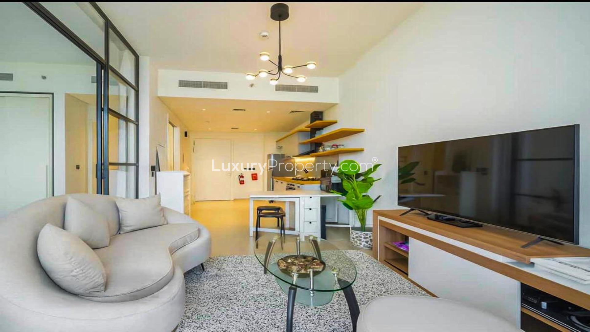 Modern living room in Dubai Hill Estate, Collective Tower 1 apartment for rent