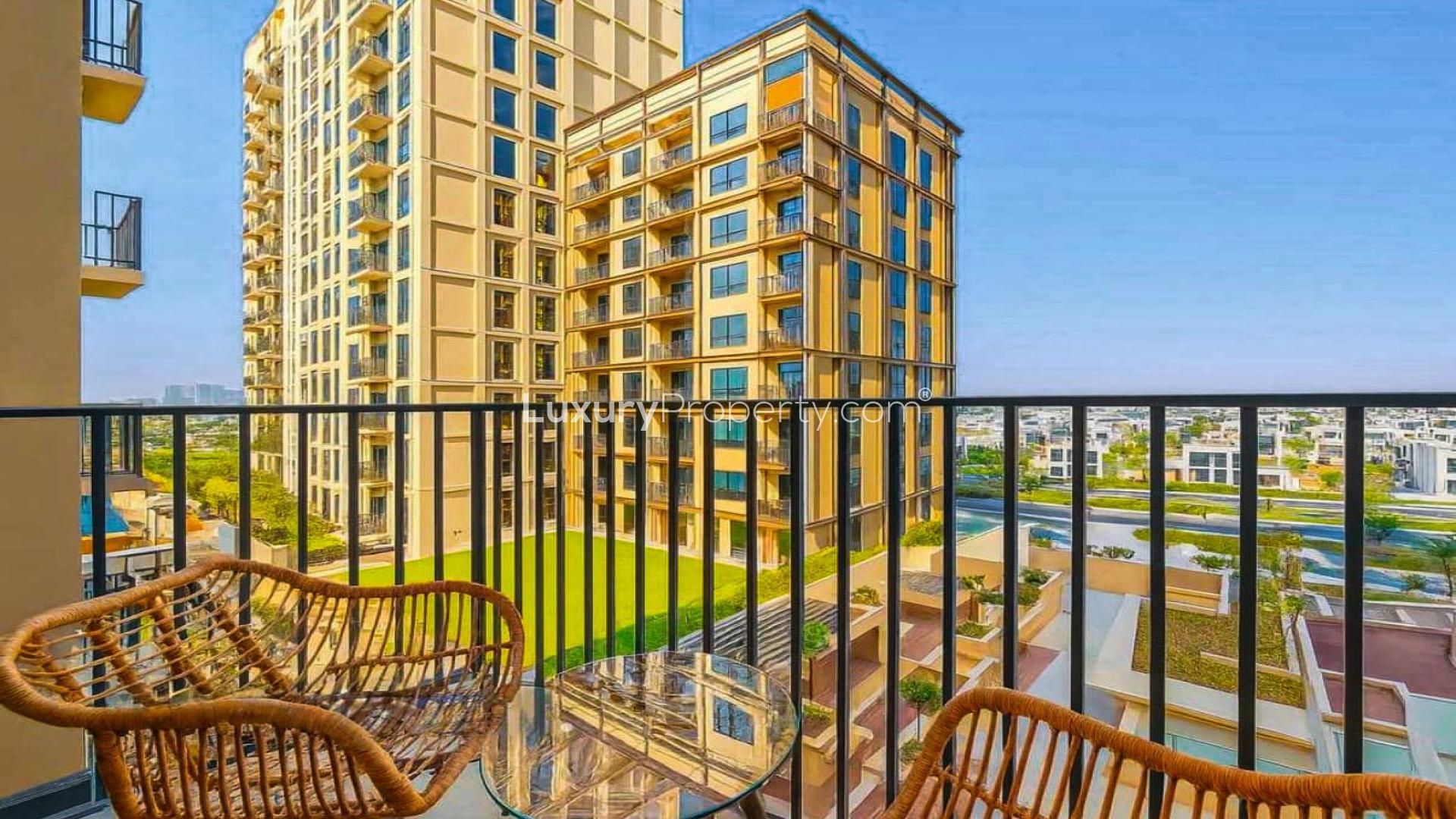 Modern bedroom in Dubai Hill Estate apartment, Collective Tower 1, bright and stylish decor