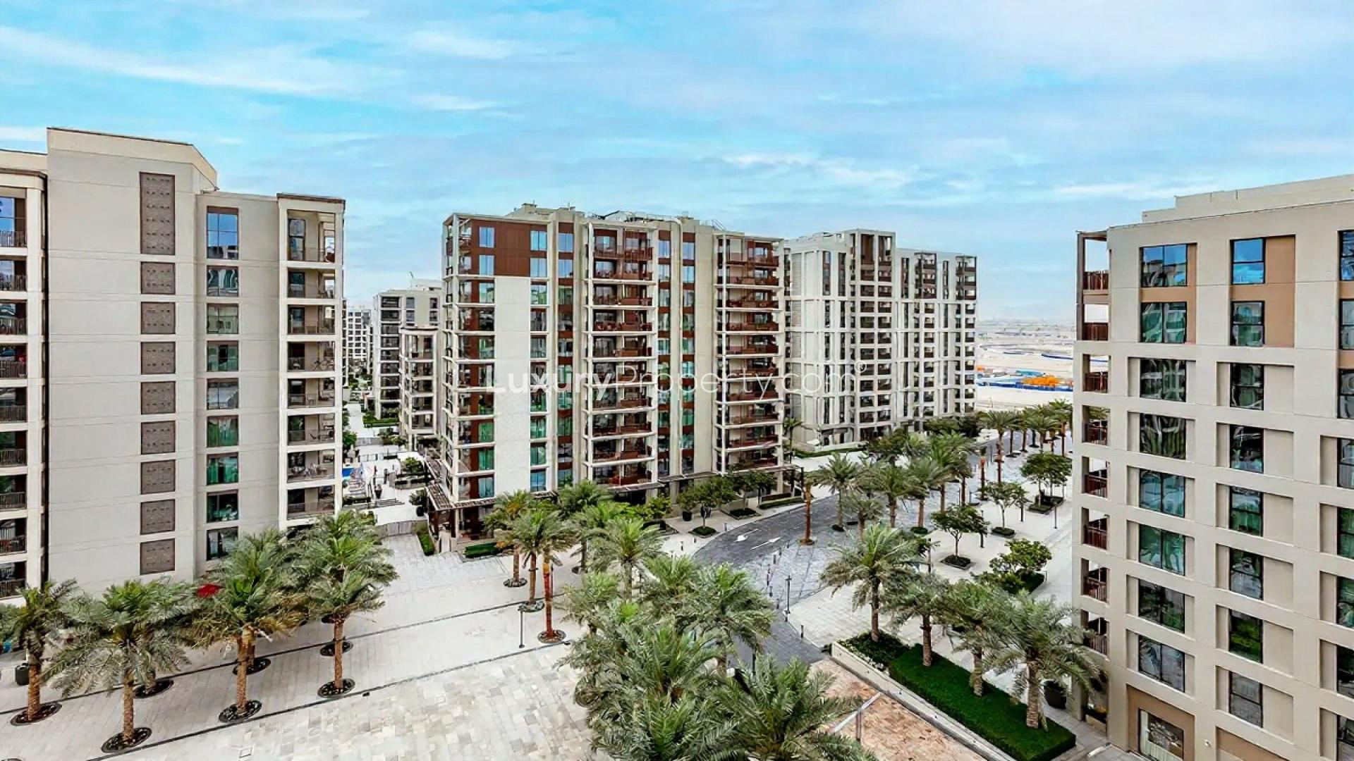 Modern one-bedroom apartment living area in Vida Creek Harbour, Creek Beach, available for rent