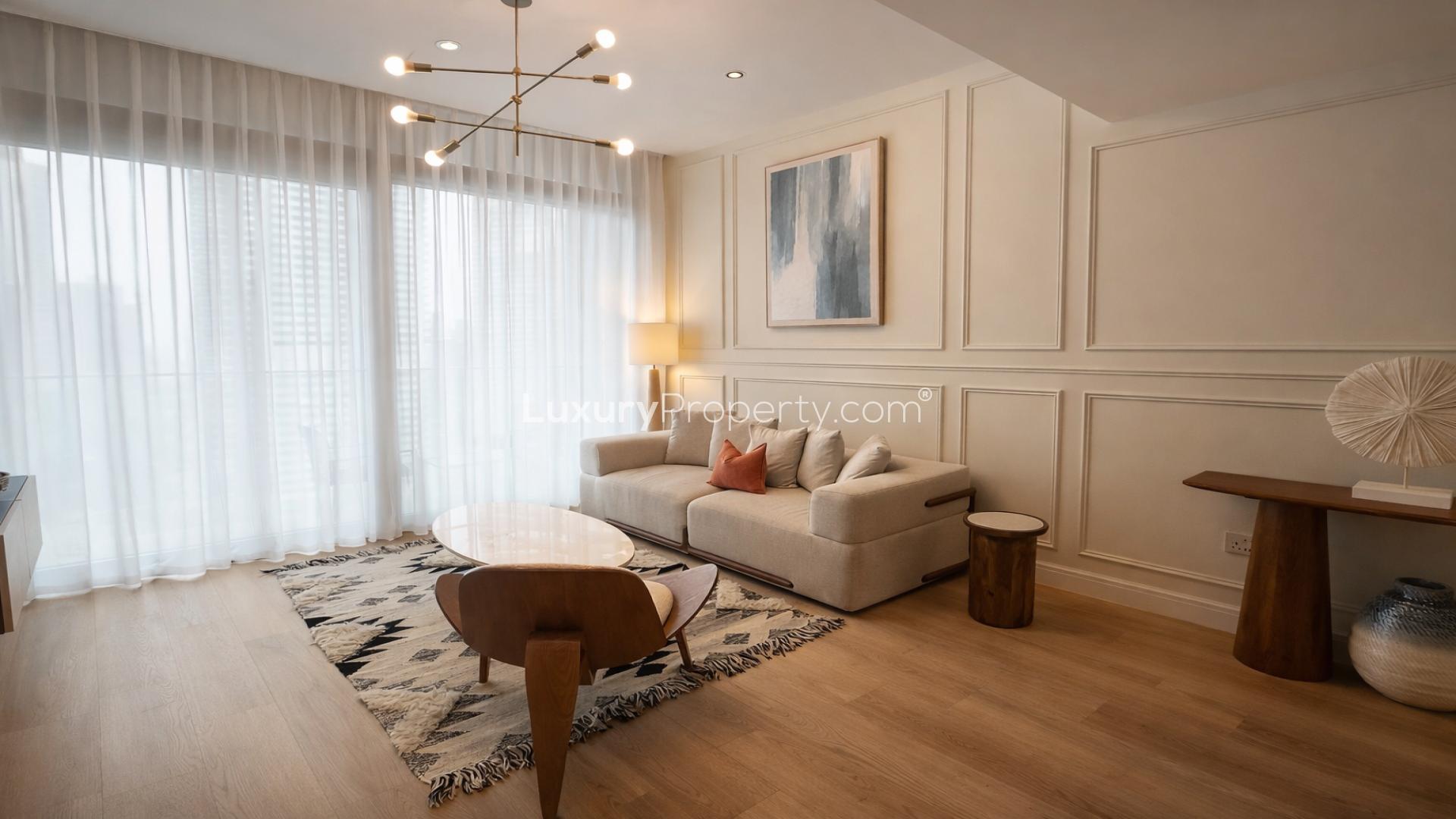 Modern living room in Marina Gate 2 apartment, Dubai Marina, featuring stylish furniture and decor