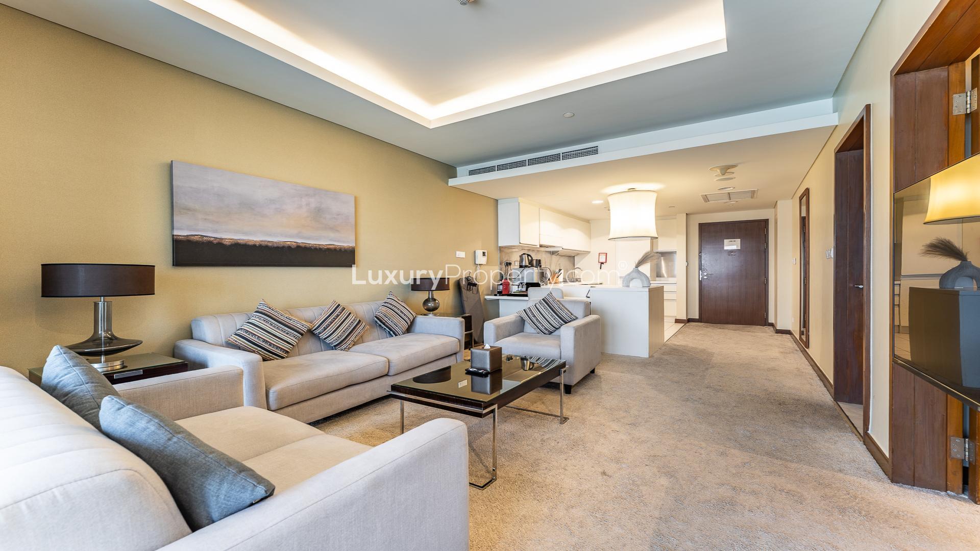 Luxurious living room in high-floor apartment, Burj Khalifa, Dubai Mall Residences, for rent