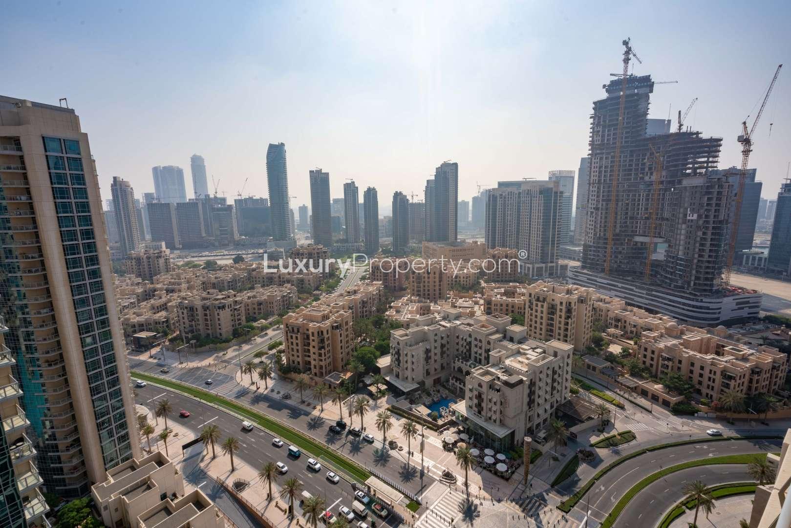 Luxury apartment view in Boulevard Central, Downtown Dubai with stunning fountain and skyline