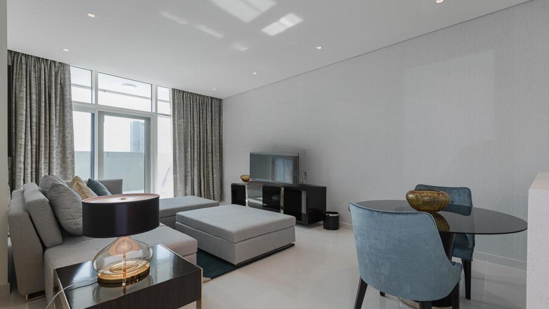 Modern kitchen and living area in 1-bedroom apartment, Bays Edge, Business Bay, for rent