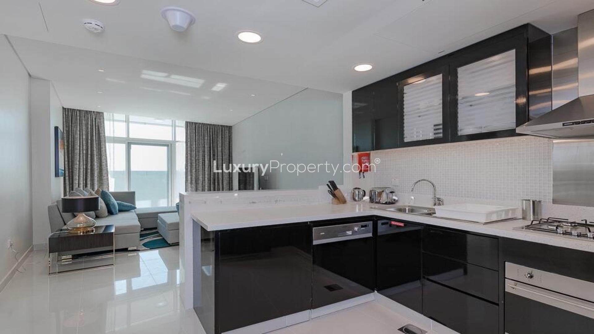 Modern living room in Business Bay apartment, featuring sleek furnishings and contemporary decor