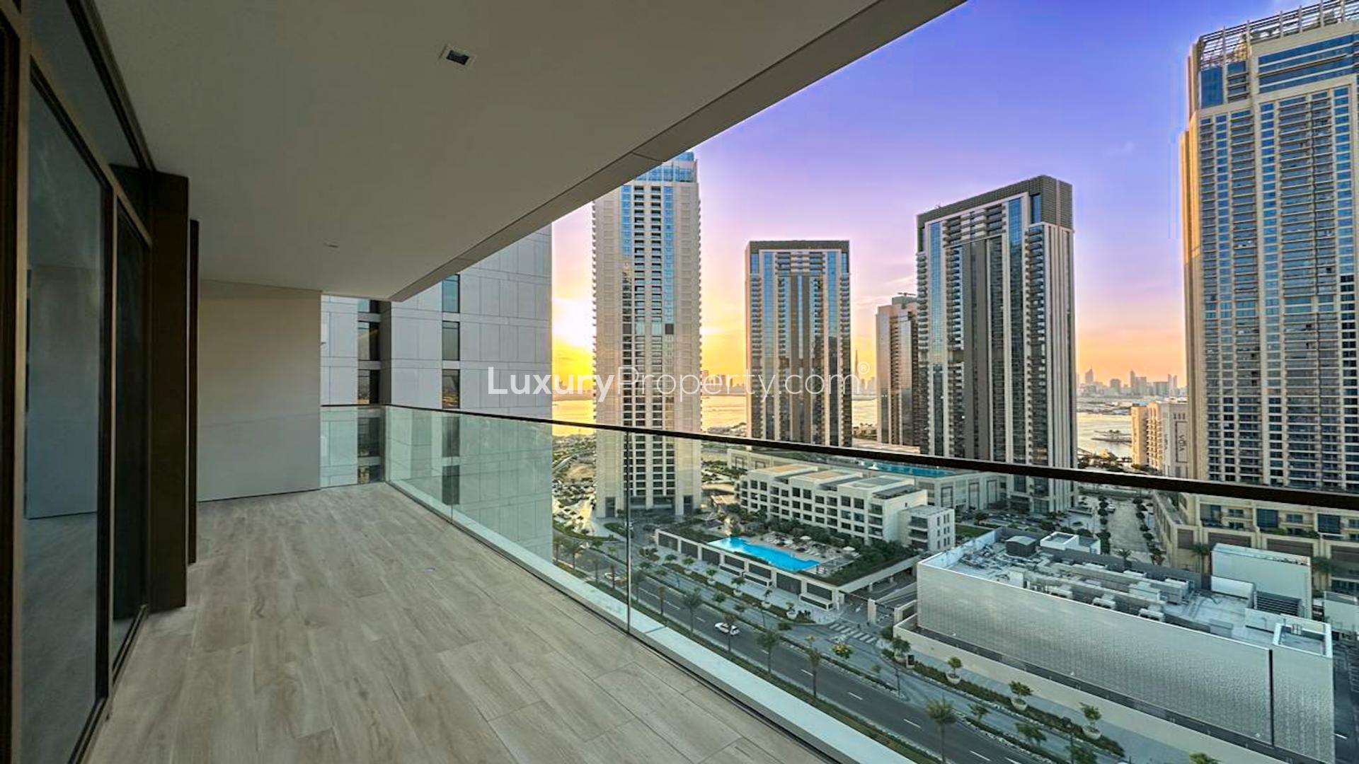 Spacious balcony view from Palace Residences apartment in Dubai Creek Harbour at sunset