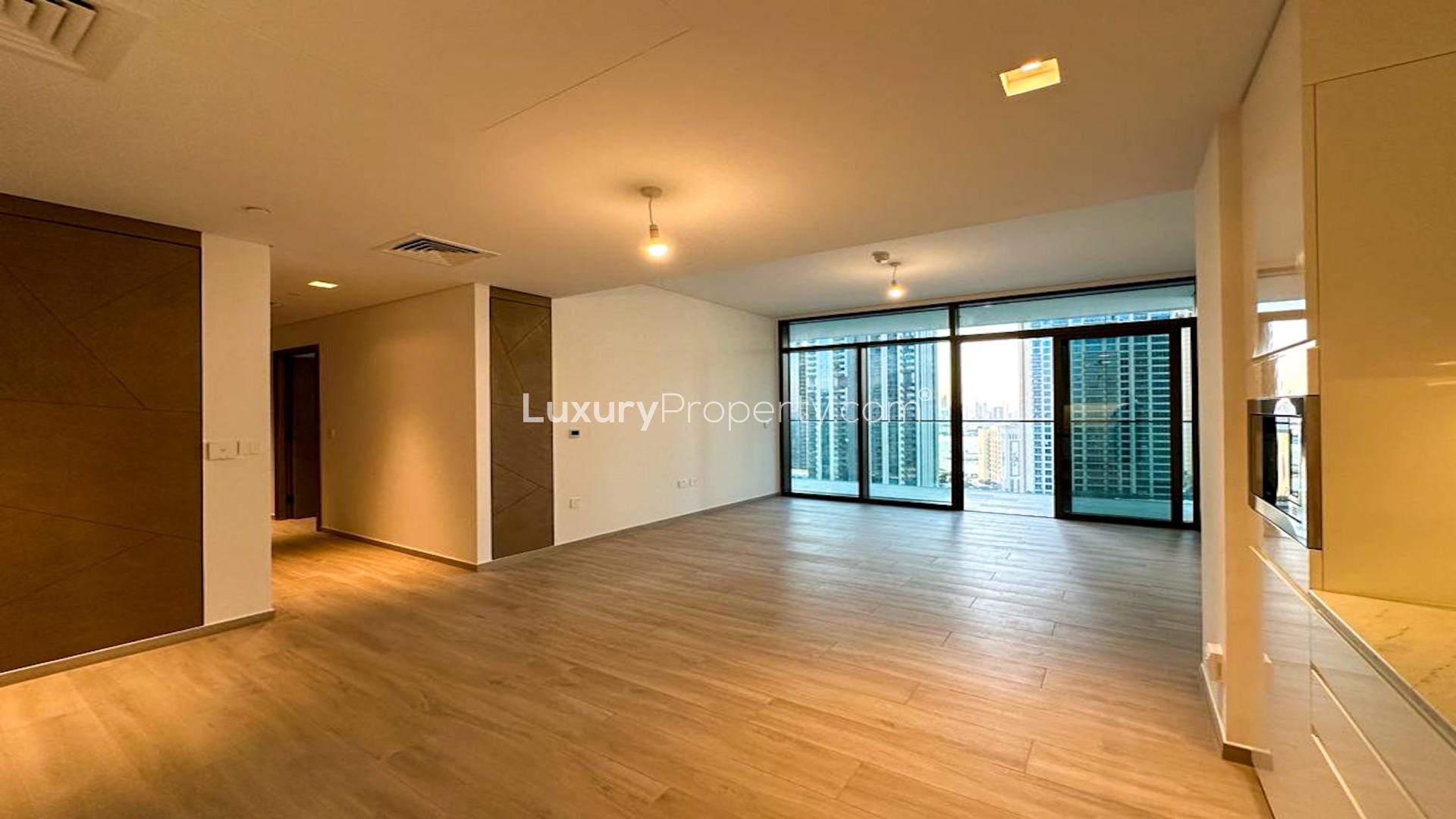 Bright living area in two-bedroom apartment, Palace Residences, Dubai Creek Harbour, for rent