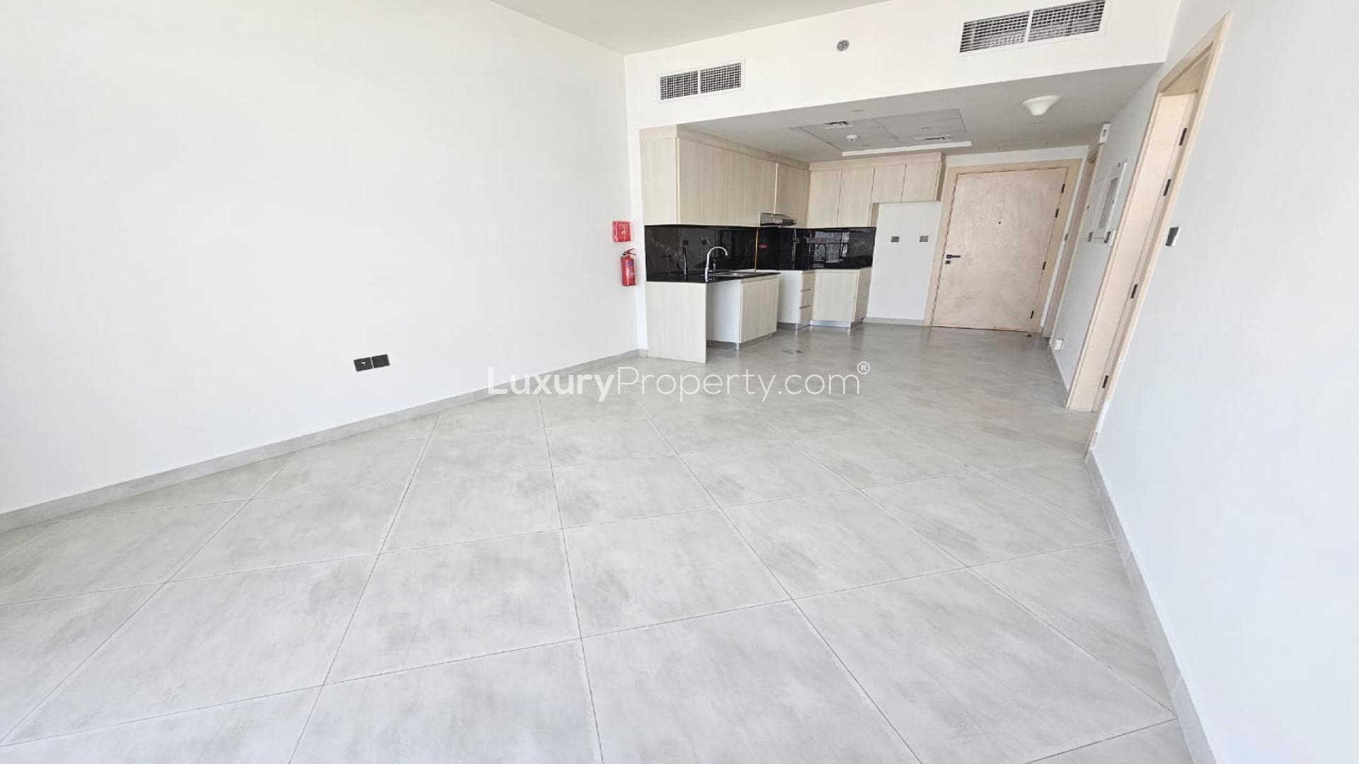 Modern open-plan living area in Binghatti Avenue apartment, Al Jaddaf for rent