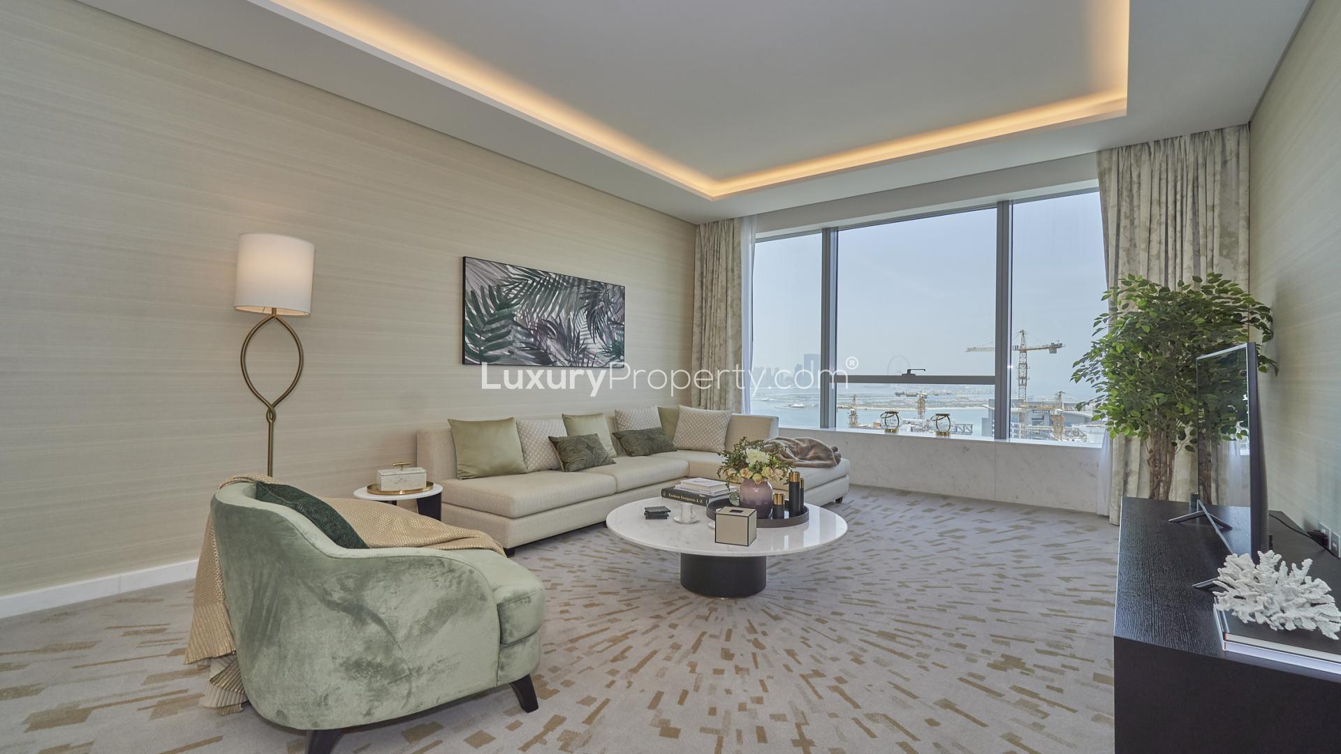Modern kitchen in 1-bedroom apartment, Palm Tower, Palm Jumeirah, with ocean view and dining area