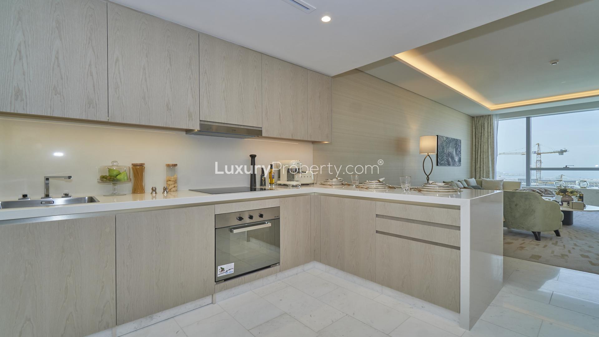 Modern living room in 1-bedroom apartment, Palm Tower, Palm Jumeirah, with city view