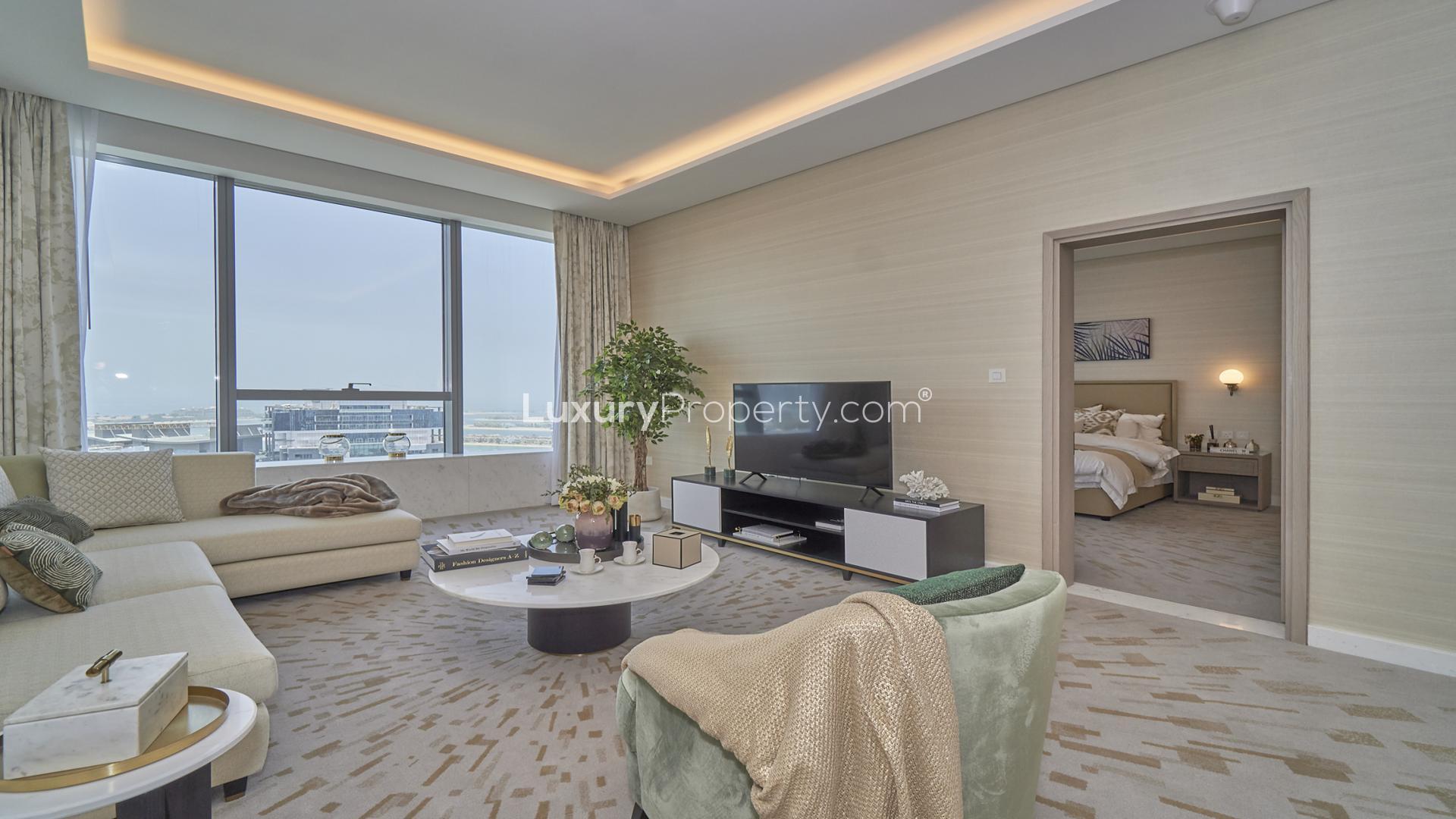 High-floor Palm Jumeirah apartment living room with Burj Al Arab view, luxury decor