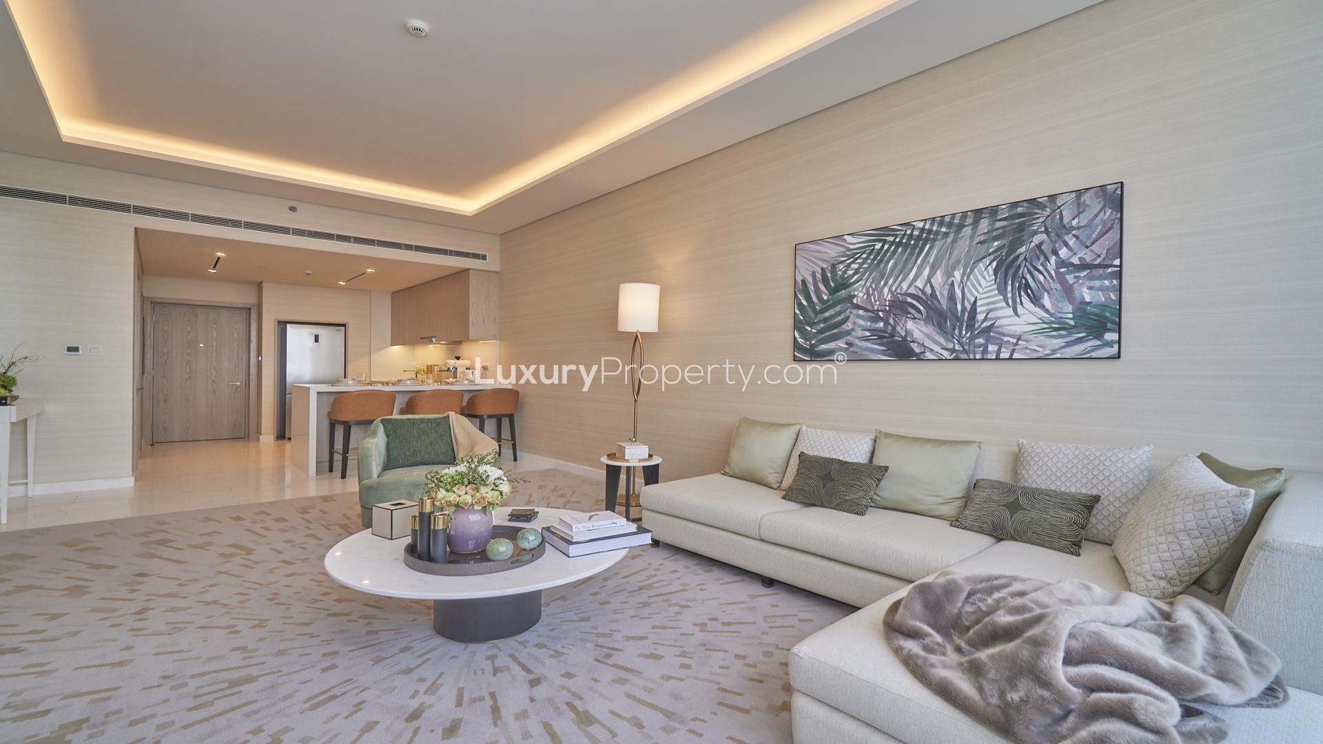 High-floor Palm Tower apartment living room with modern decor, Burj Al Arab view