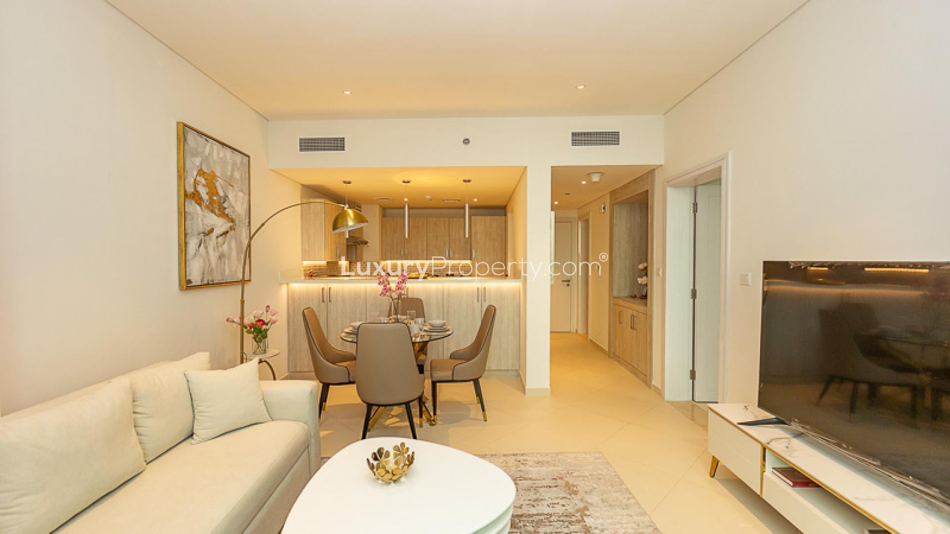 Elegant hallway view in 1-bedroom Seven Palm apartment, Palm Jumeirah, with modern decor