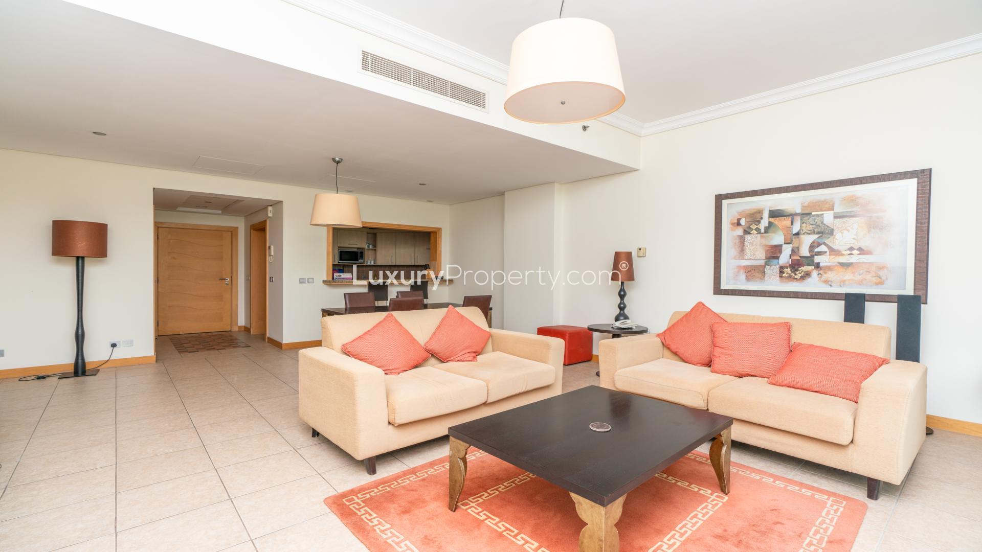 Modern living room in beachfront 1-bedroom apartment, Al Nabat, Palm Jumeirah, for rent