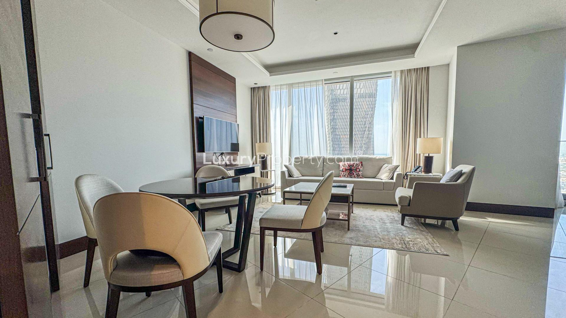 Modern living room in 1-bed apartment, Address Sky View Towers, Downtown Dubai
