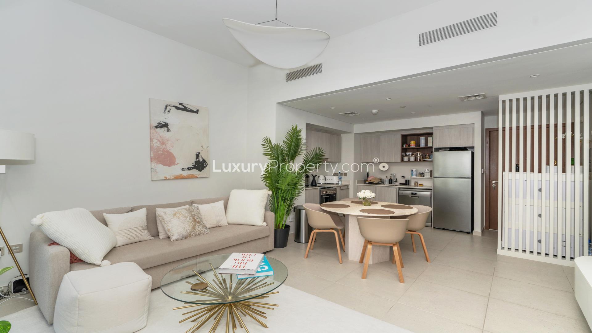 Bright modern kitchen and dining area in 1-bedroom apartment, Dubai Creek Harbour