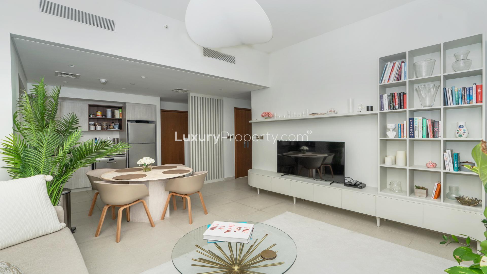 Modern living room and kitchen in 1-bedroom apartment, Dubai Creek Harbour, Creek Beach