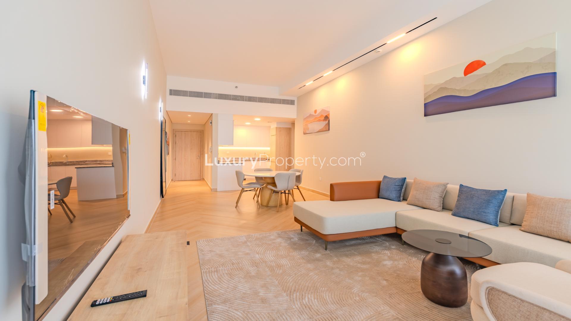 Immaculate furnished living room in Al Sufouh 1 apartment for rent, bright and modern design