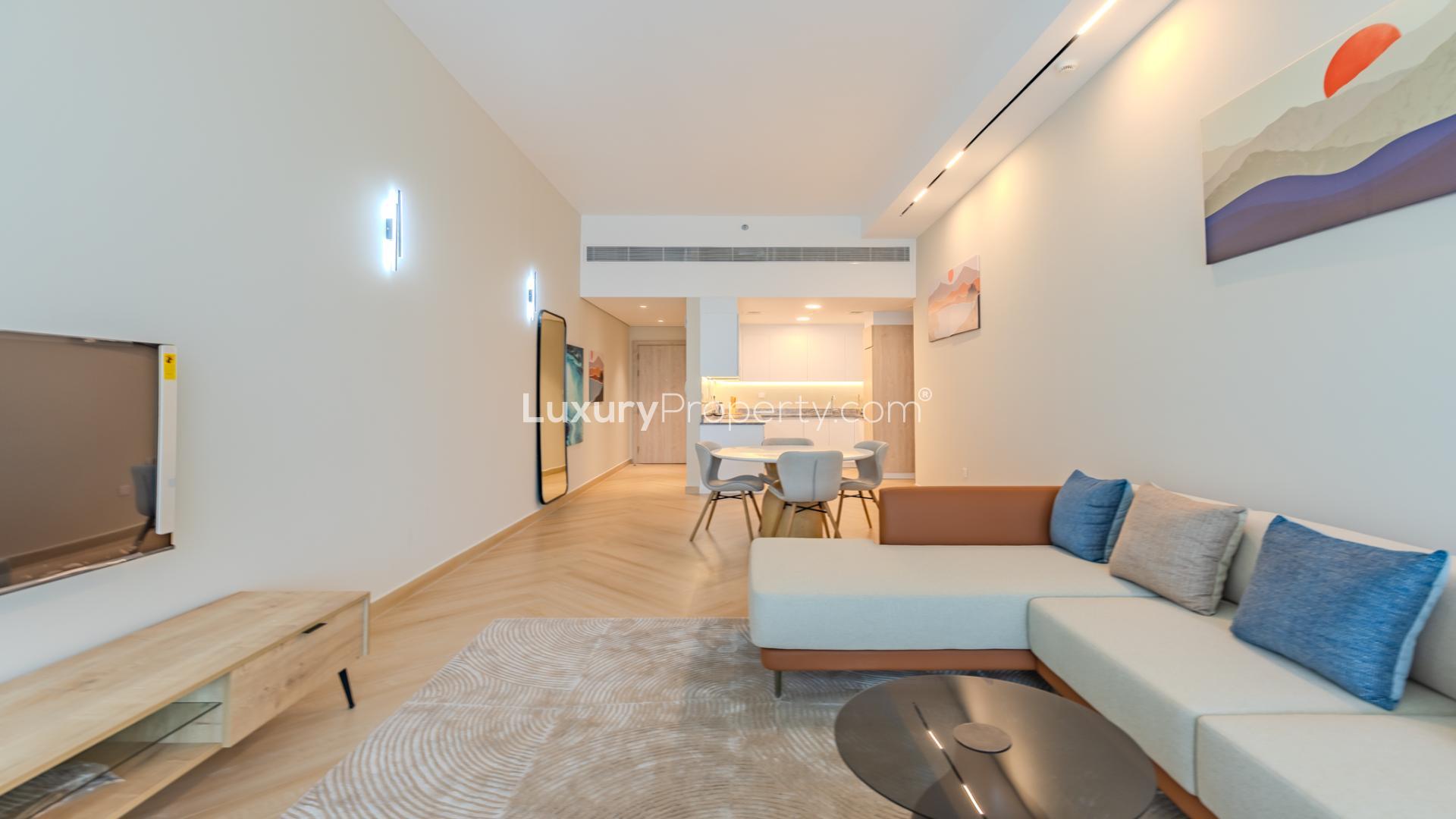 Immaculate furnished apartment living room with dining area in Al Sufouh 1, for rent