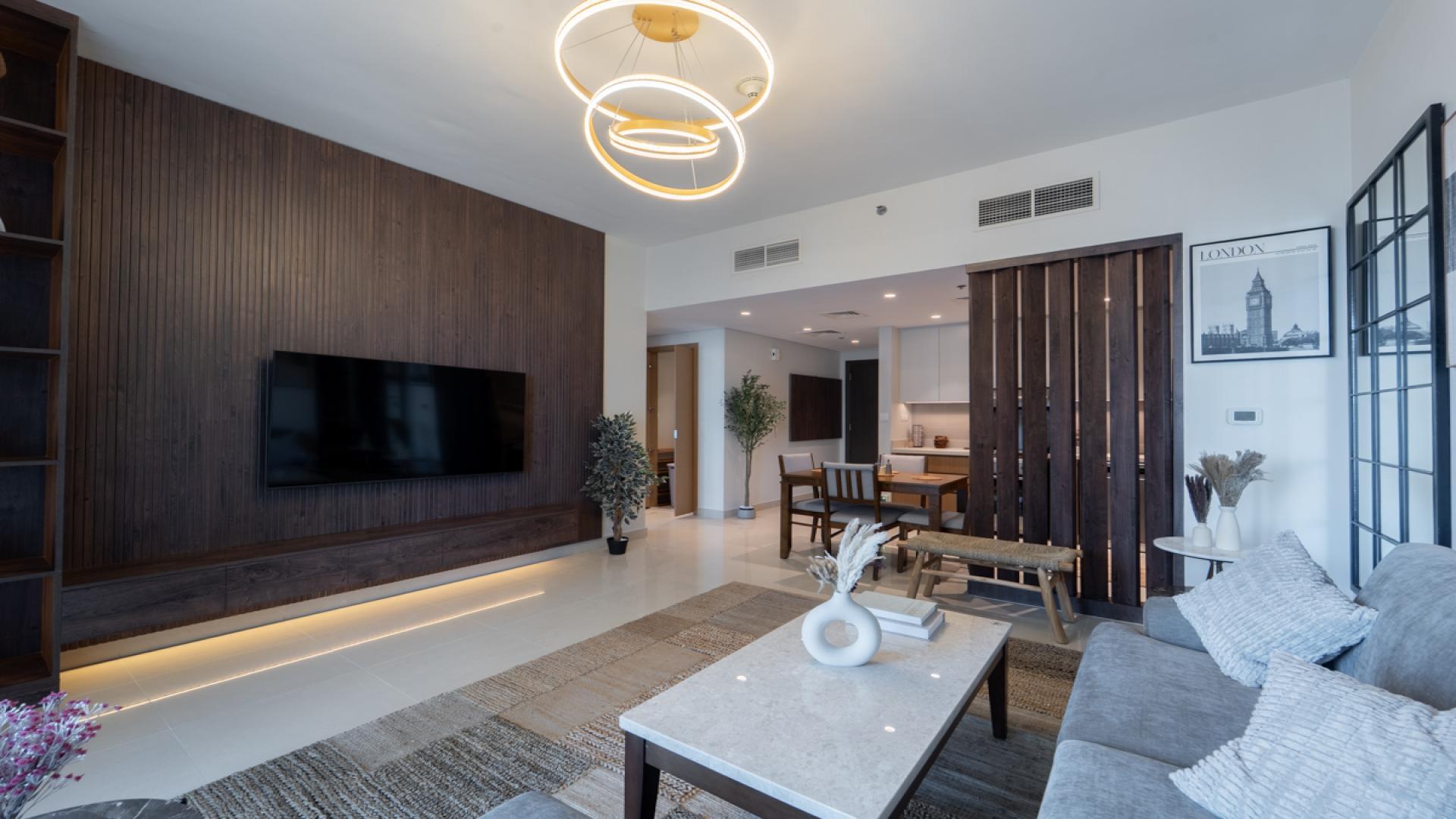 Modern living room in 1-bedroom apartment, Dubai Creek Harbour, Harbour Views 1, for rent