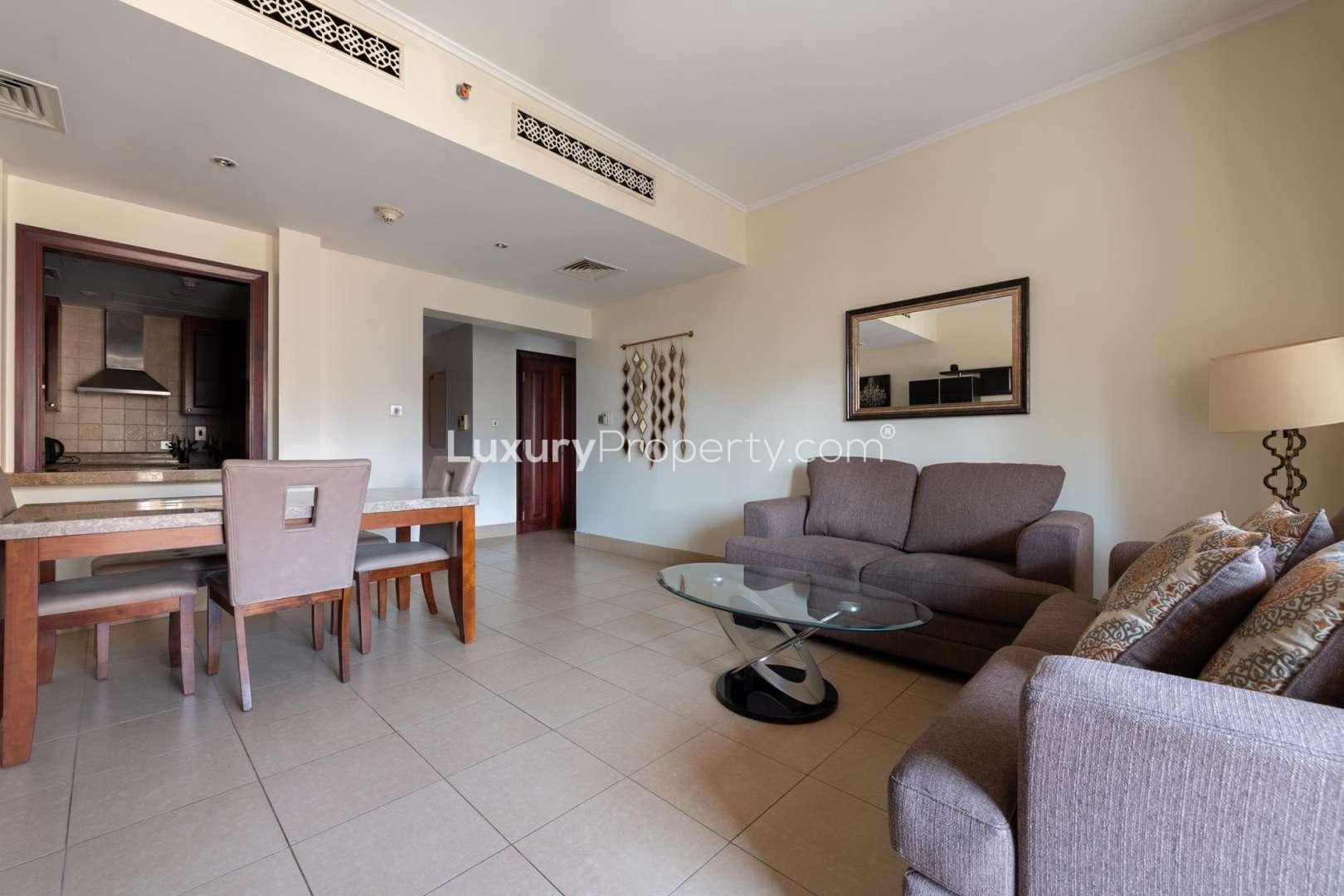 Fully furnished living room in 1-bedroom apartment, Miska 4, Downtown Dubai, Burj Khalifa view