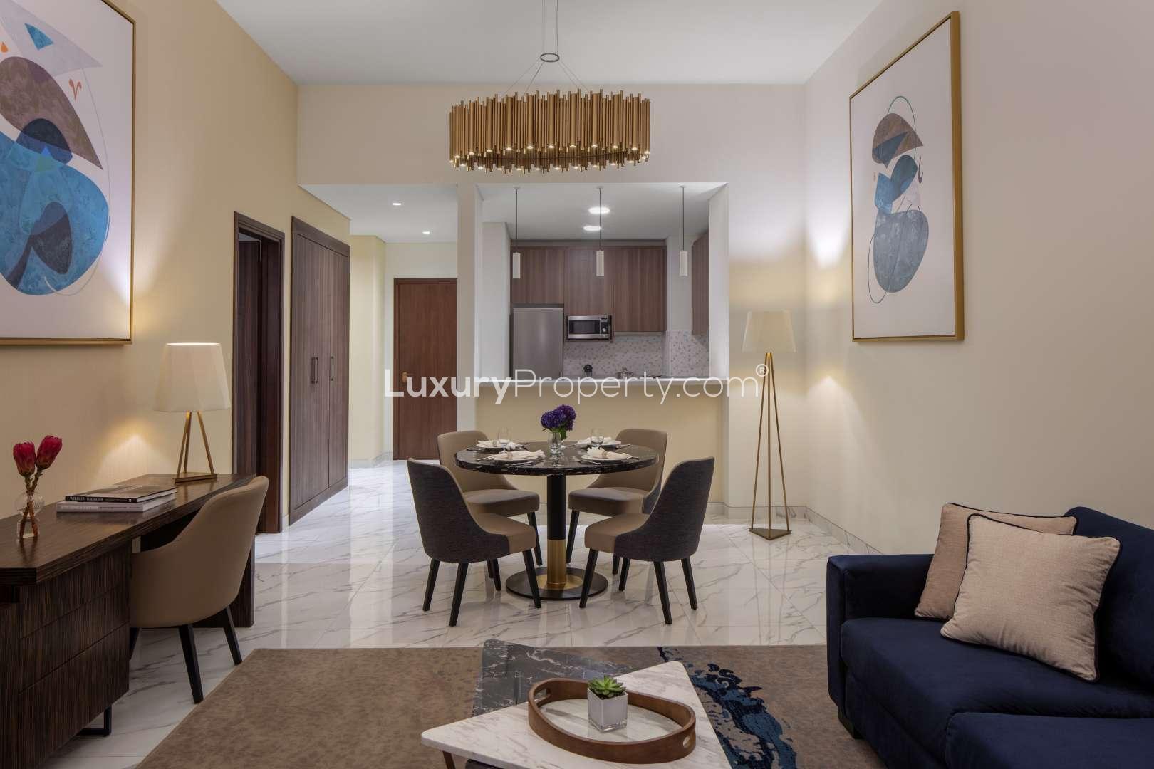 Elegant living room in 1-bedroom apartment, Avani Palm View, Dubai Media City, modern decor