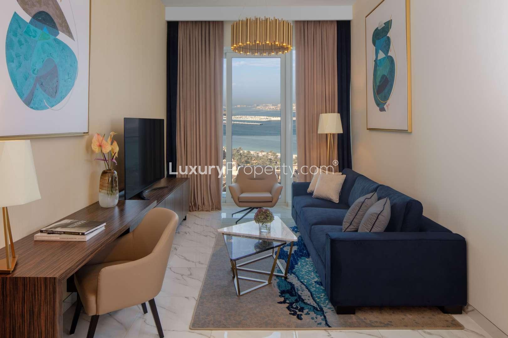 Aerial view of Avani Palm View, Dubai Media City, overlooking the sea and Palm Jumeirah