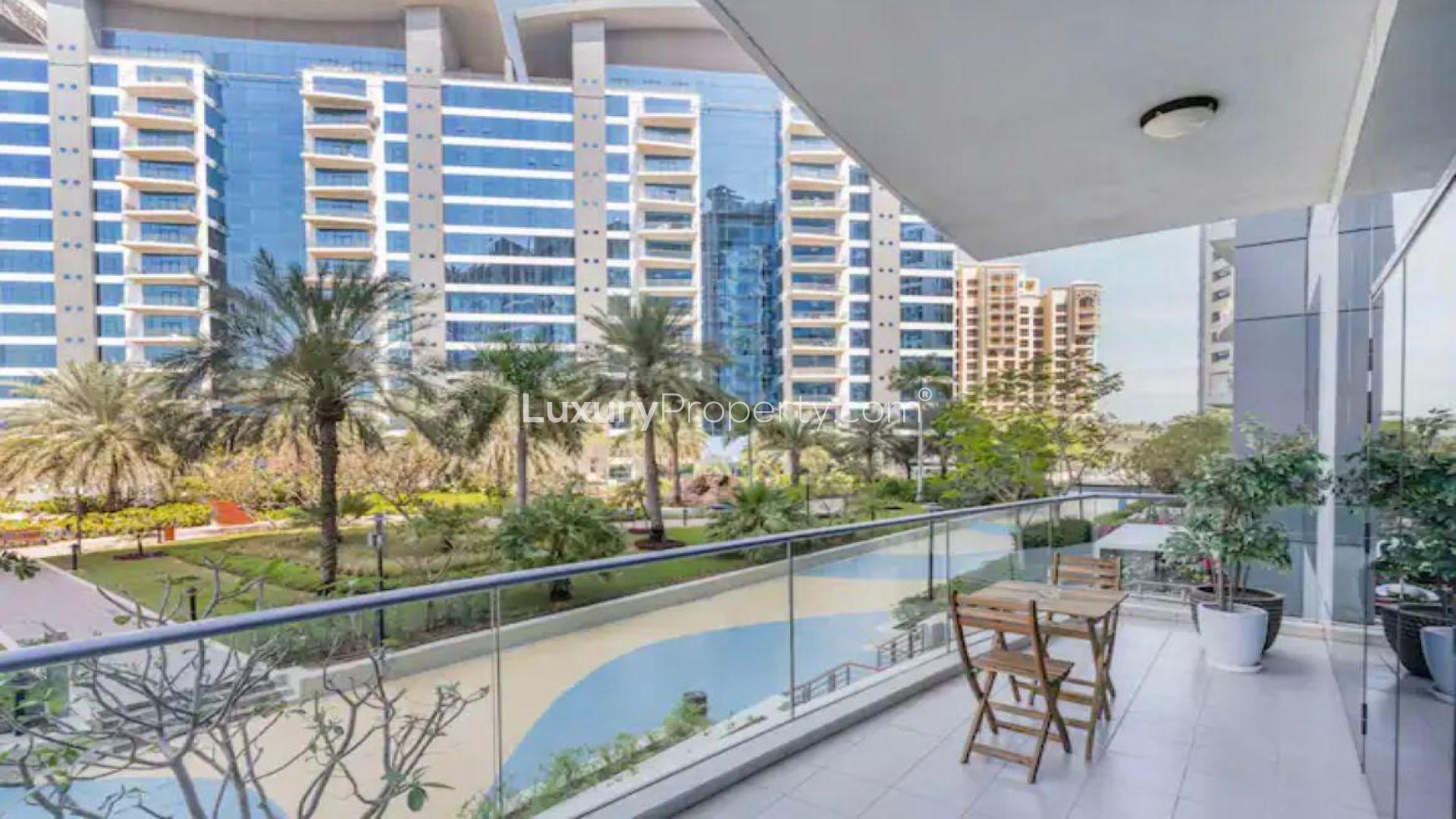 Furnished living room in 1-bedroom apartment, Oceana Baltic, Palm Jumeirah, with modern decor