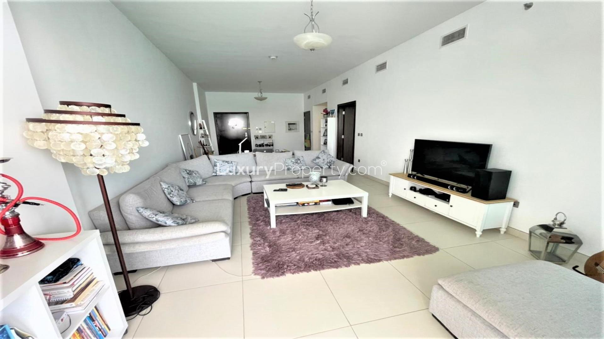 Beachfront view from apartment balcony in Azure Residences, Palm Jumeirah, with turquoise waters