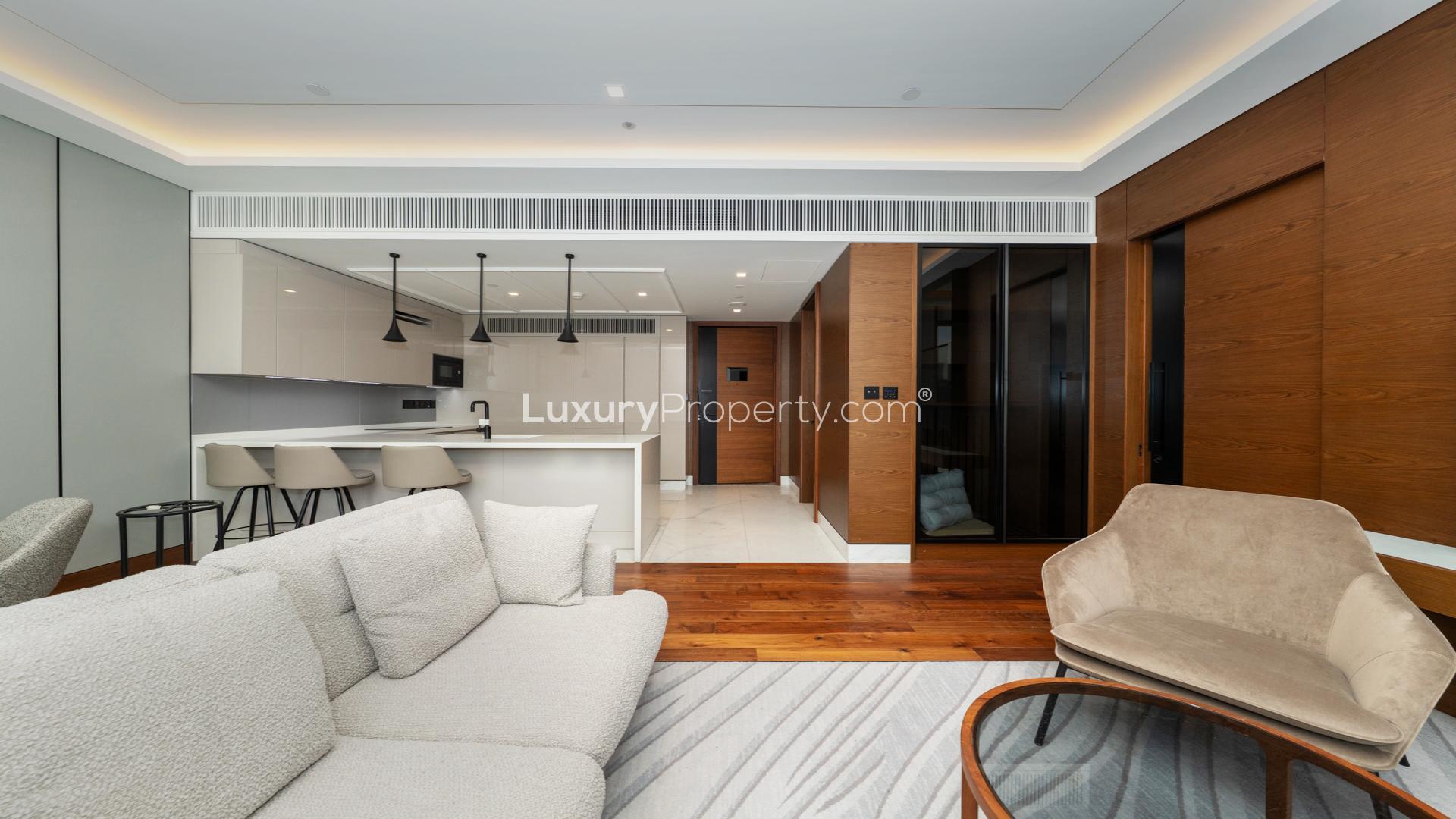 Modern living area in Bluewaters apartment, featuring elegant furniture and contemporary design