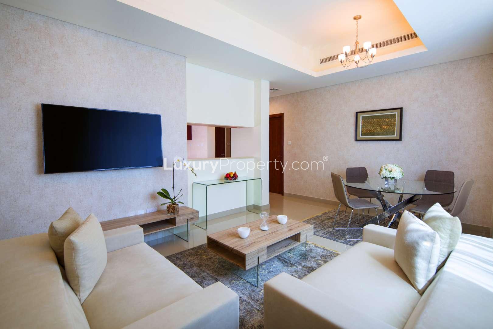 Outdoor pool area at Barcelo Residences, Dubai Marina apartment for rent, LP10858