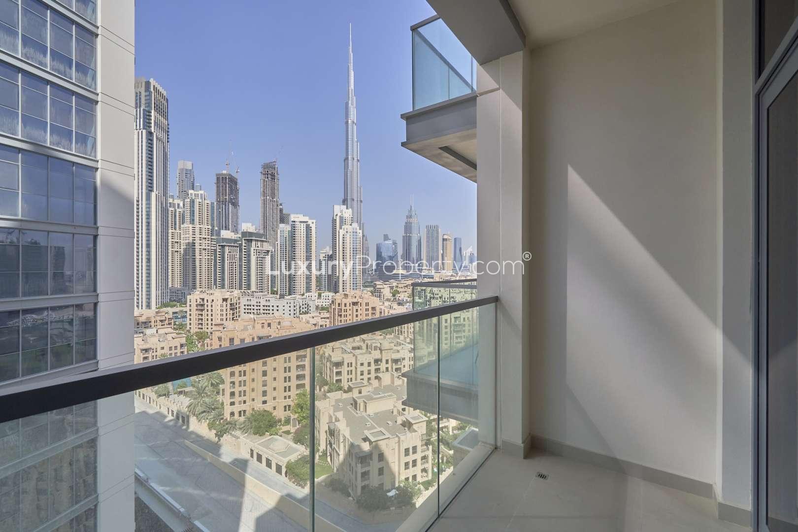 Balcony view of Downtown Dubai skyline from Bellevue Towers apartment for rent