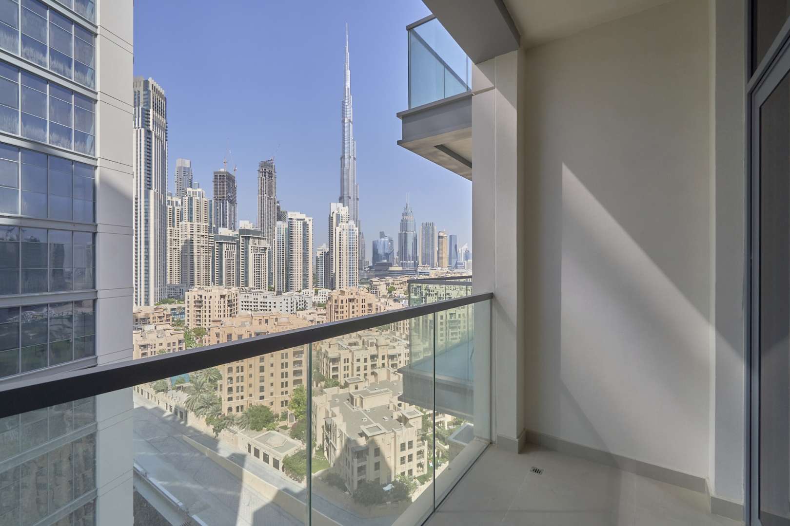 Balcony view of Downtown Dubai skyline from Bellevue Towers apartment for rent