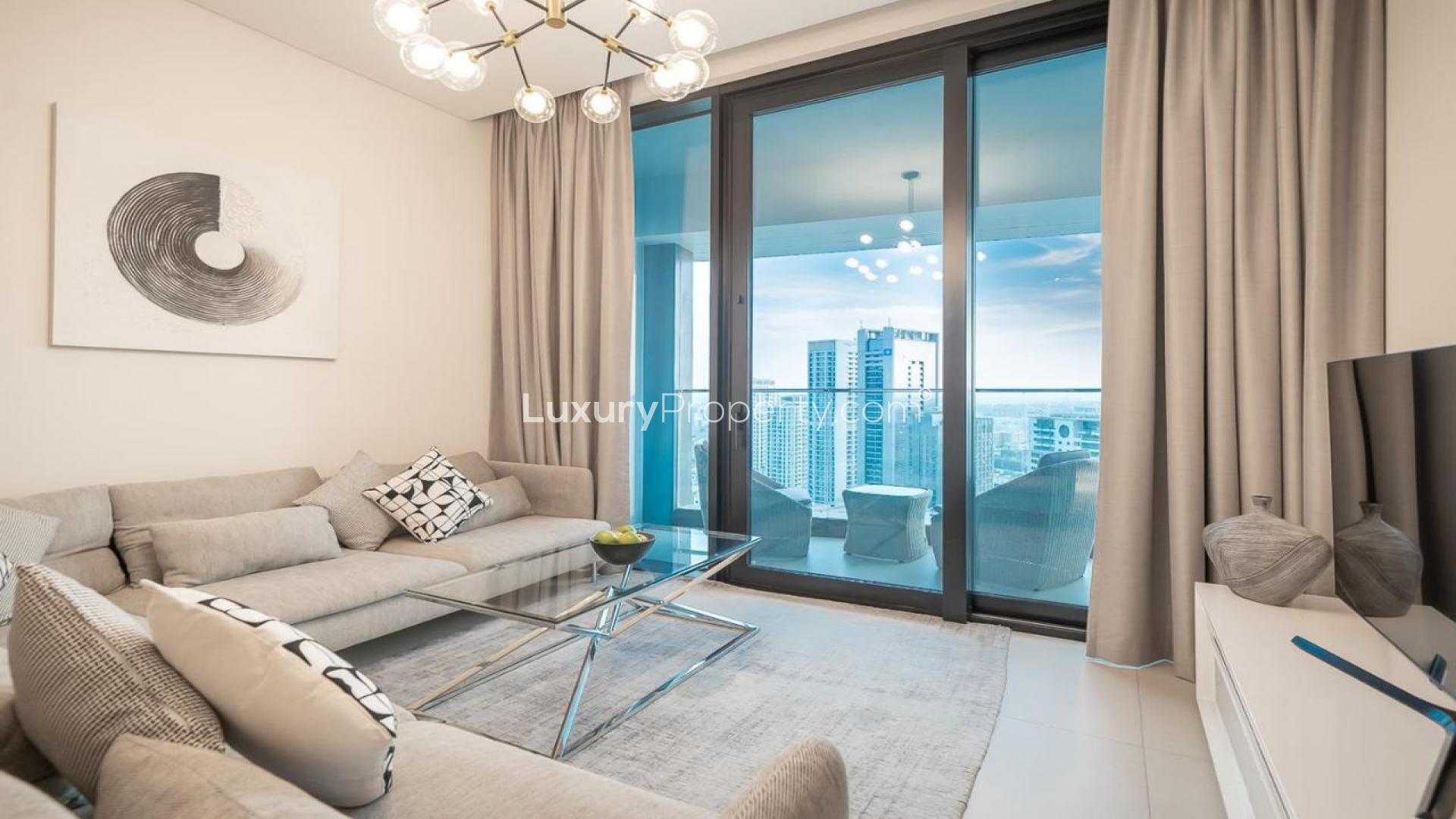 Furnished living room in one-bedroom apartment at The Address Jumeirah Resort, JBR, for rent