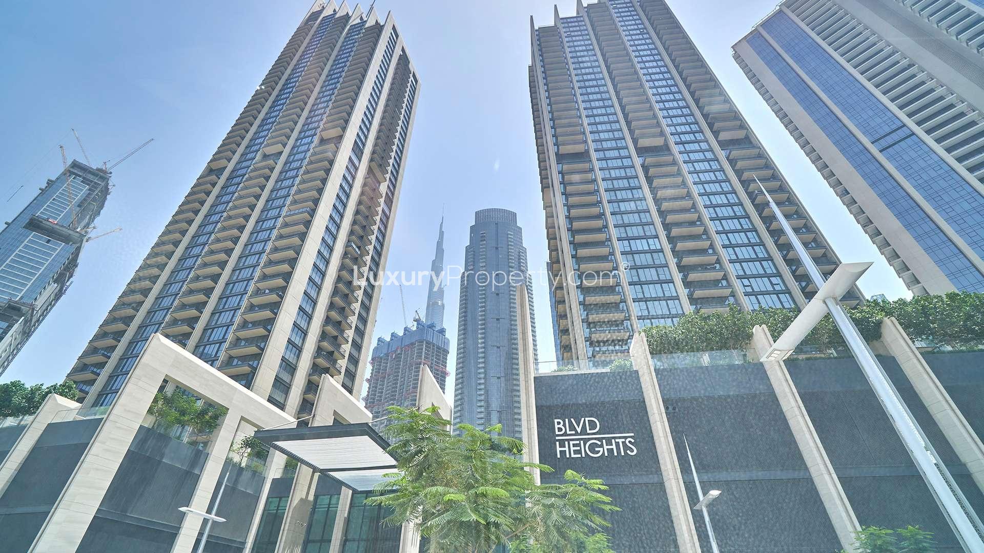 Skyline view from BLVD Heights apartment in Downtown Dubai, featuring modern high-rise buildings