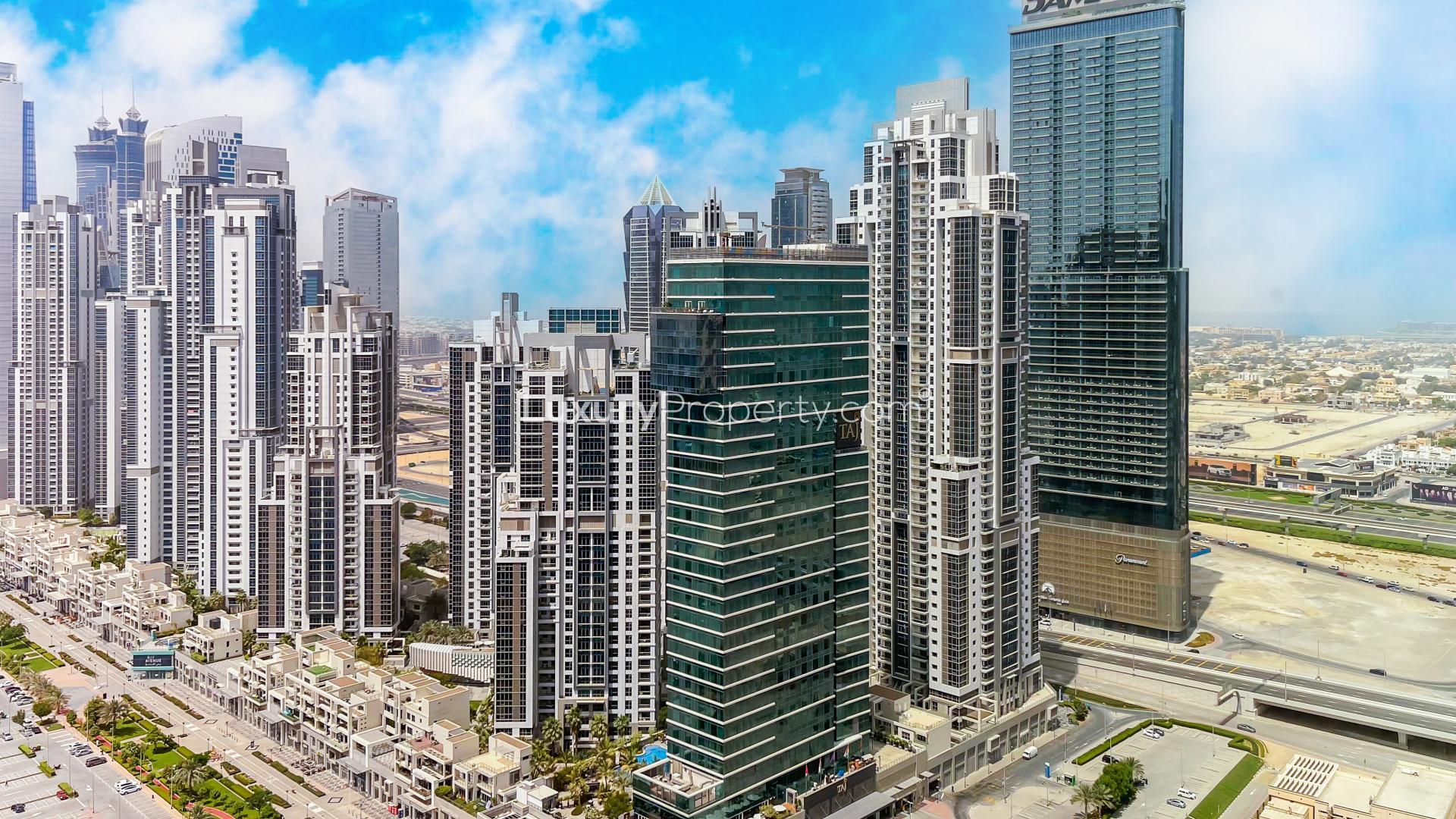 Furnished living room in 1-bedroom apartment, BLVD Heights, Downtown Dubai, with city views