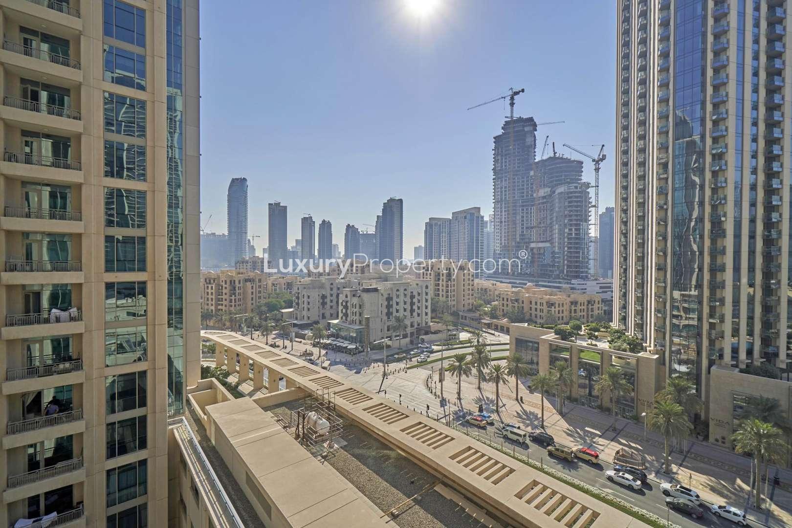 Skyline view from Boulevard Central Towers, Downtown Dubai apartment, showcasing modern architecture