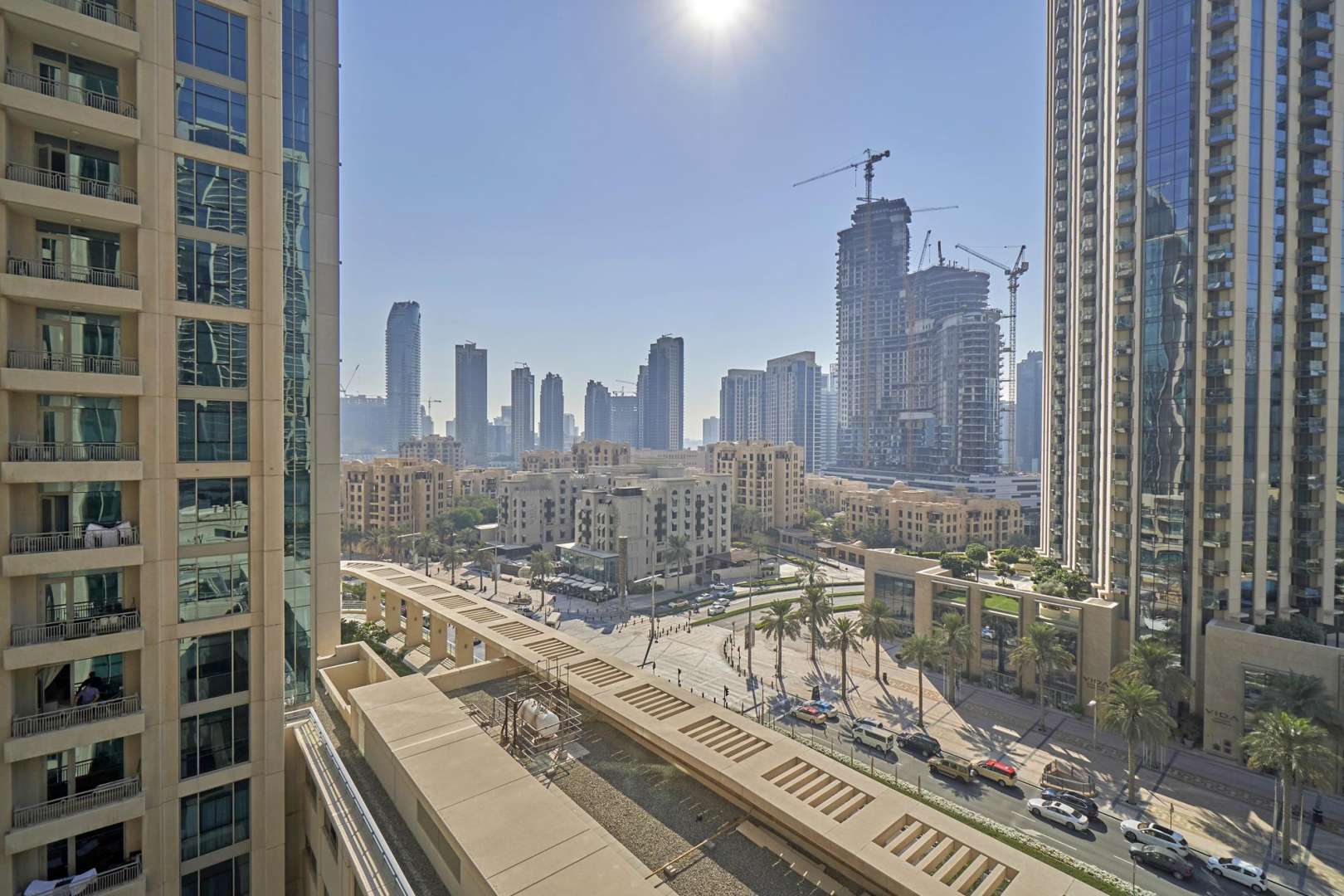Skyline view from Boulevard Central Towers, Downtown Dubai apartment, showcasing modern architecture