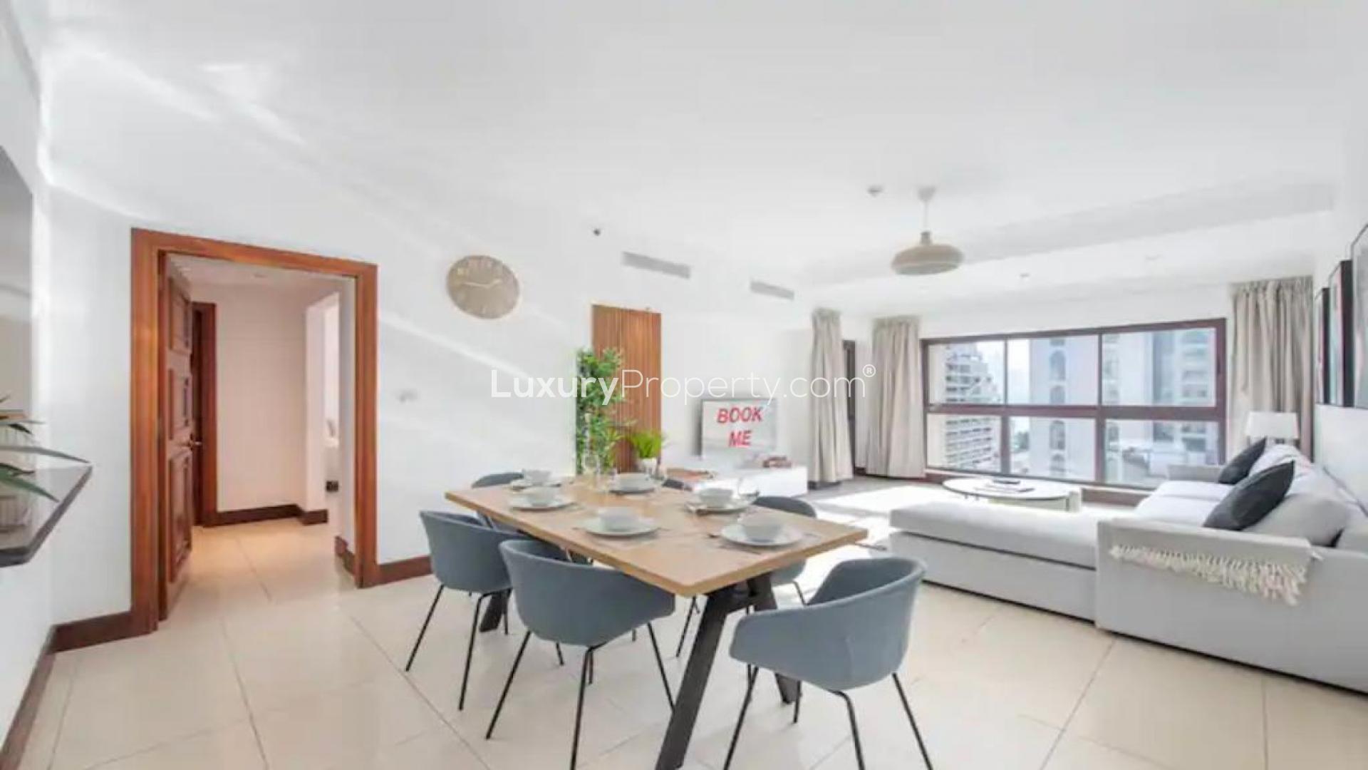 Modern living room in 1-bedroom apartment, Golden Mile, Palm Jumeirah, available for rent