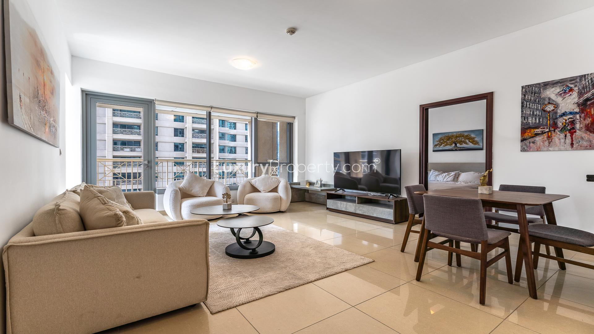 Modern furnished living room in 1-bedroom apartment, 29 Burj Boulevard, Downtown Dubai