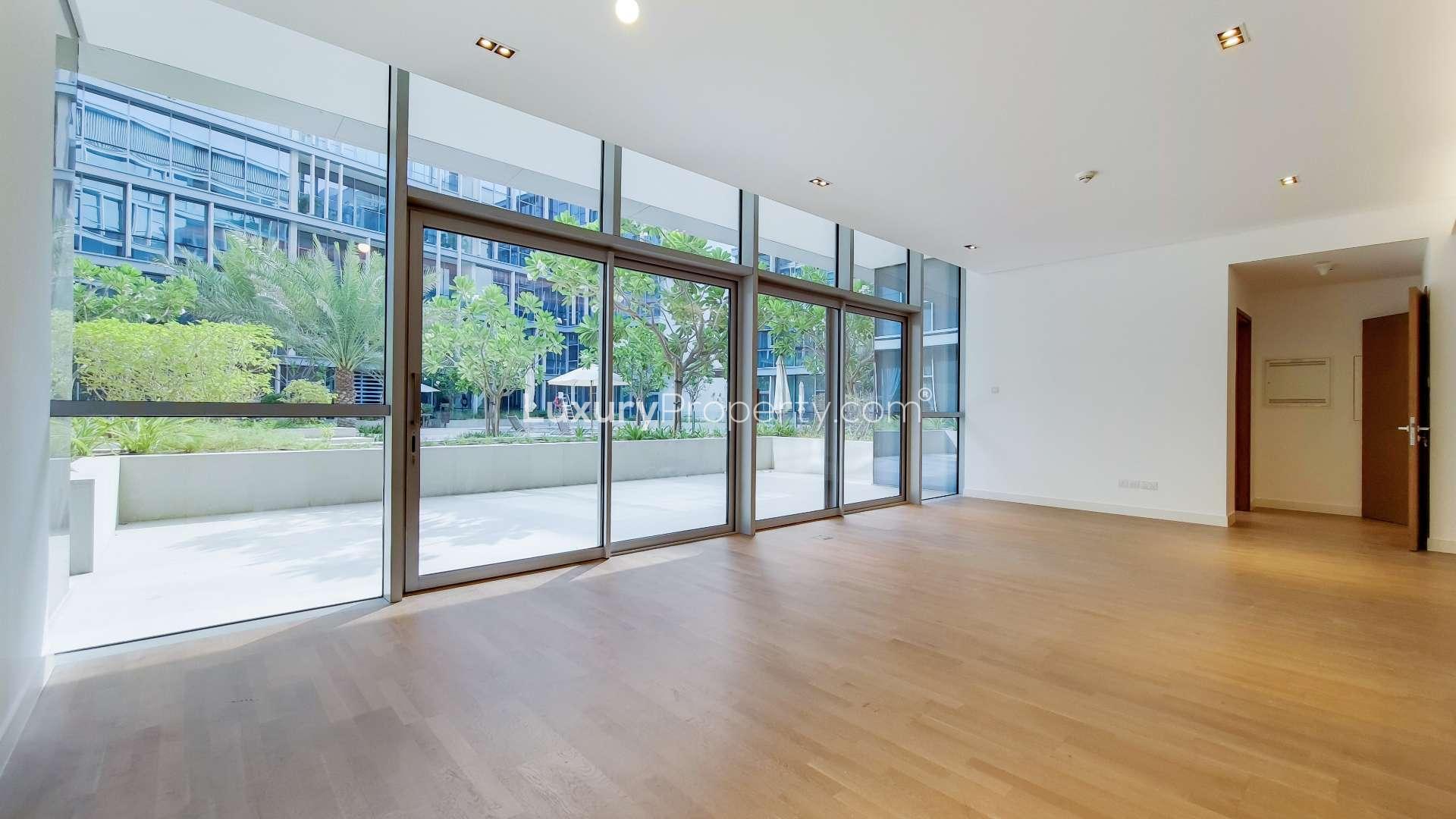 Contemporary City Walk apartment terrace with garden view, Building 3A, for rent