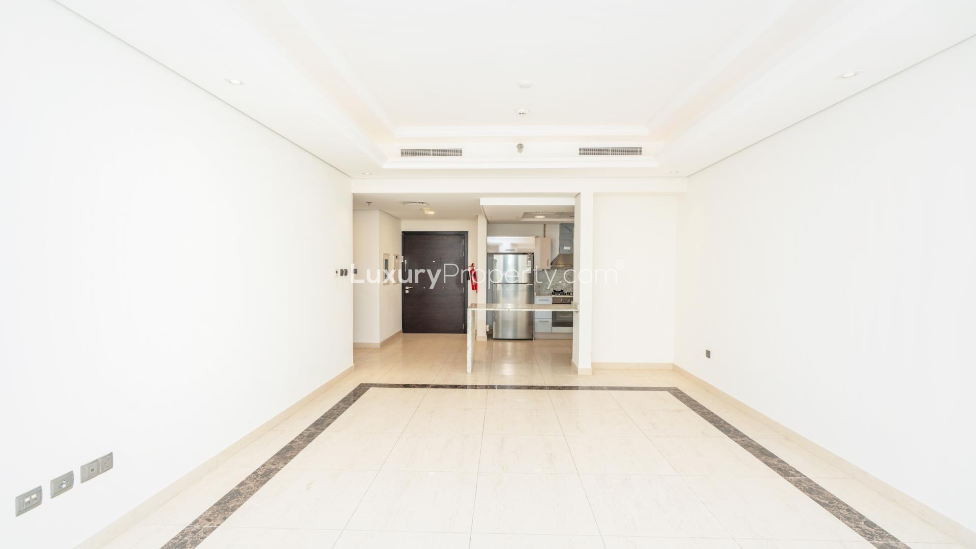 Balcony view from luxury apartment in Mon Reve, Downtown Dubai, showing city skyline