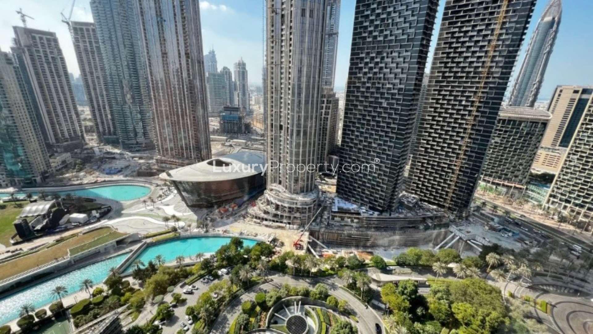 Luxurious apartment living room with downtown views in Burj Khalifa, Downtown Dubai