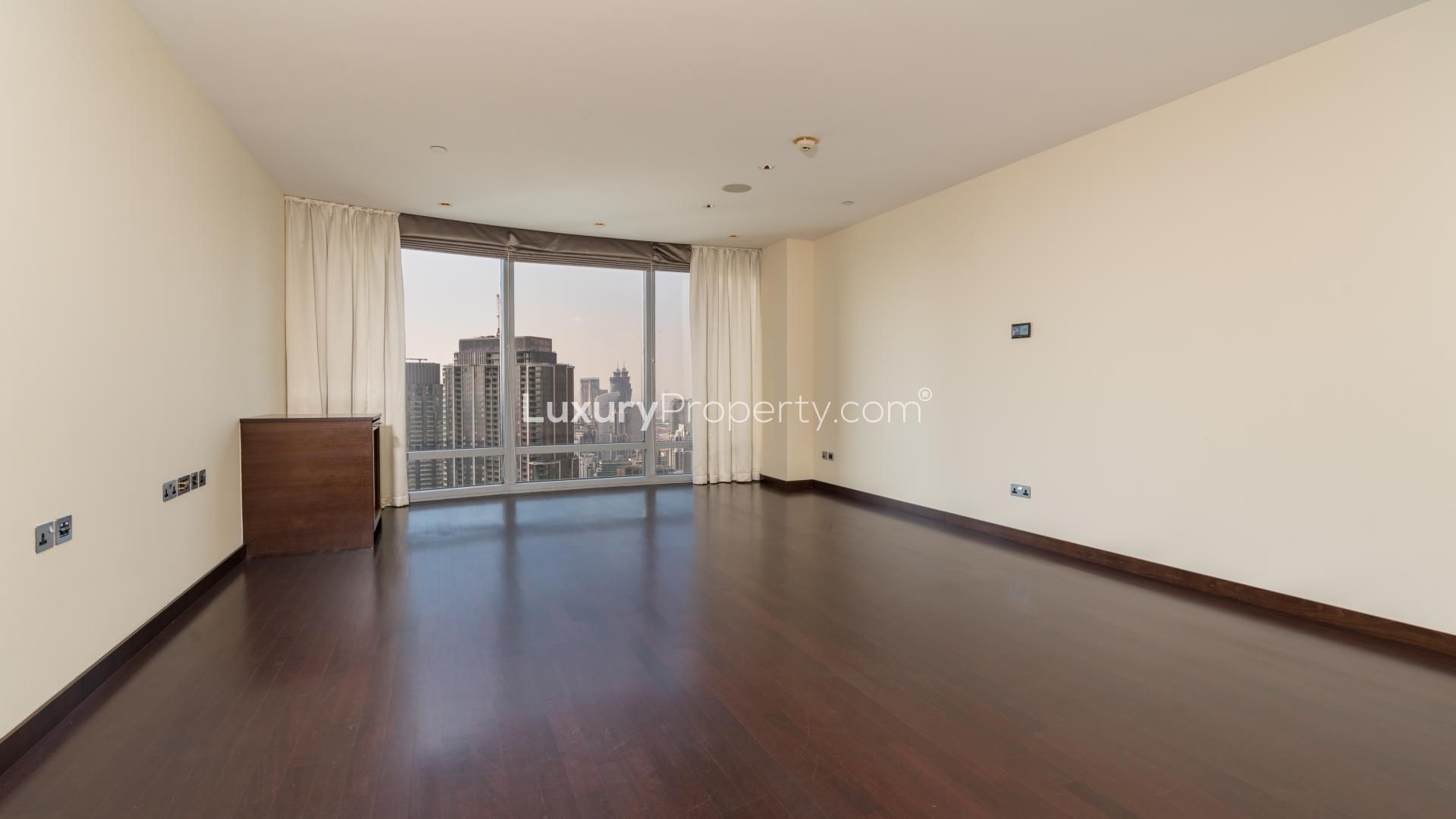 Aerial view of Downtown Dubai skyline with partial Dubai Fountain view, Burj Khalifa Area