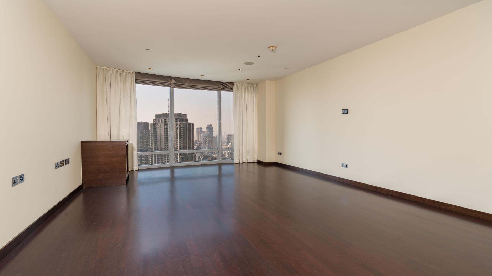 Aerial view of Downtown Dubai skyline with partial Dubai Fountain view, Burj Khalifa Area