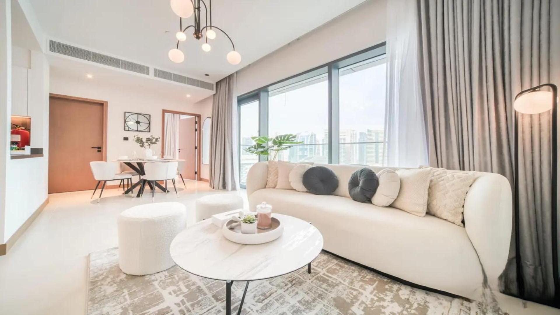 Modern living room in 1-bedroom apartment, Vida Residences, Dubai Marina, for rent