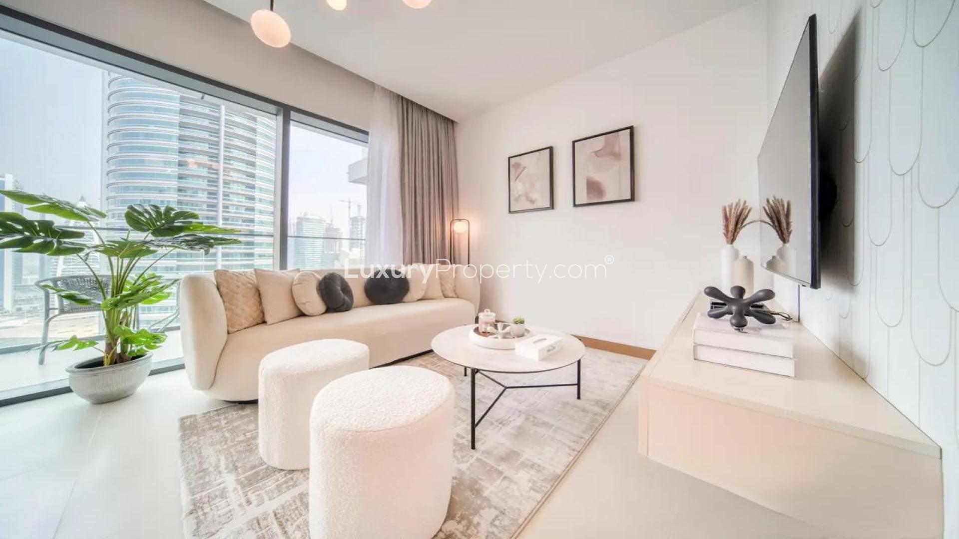 Modern living room in 1-bedroom apartment, Vida Residences, Dubai Marina. Bright, stylish interior design